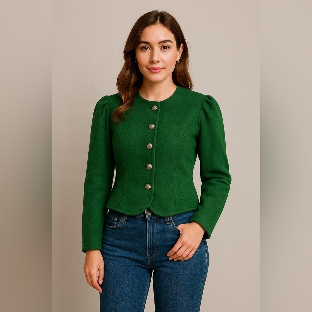 Vintage Perry Landhaus Wool Trachten Blazer Green Peasant Jacket Size 40 / US 12